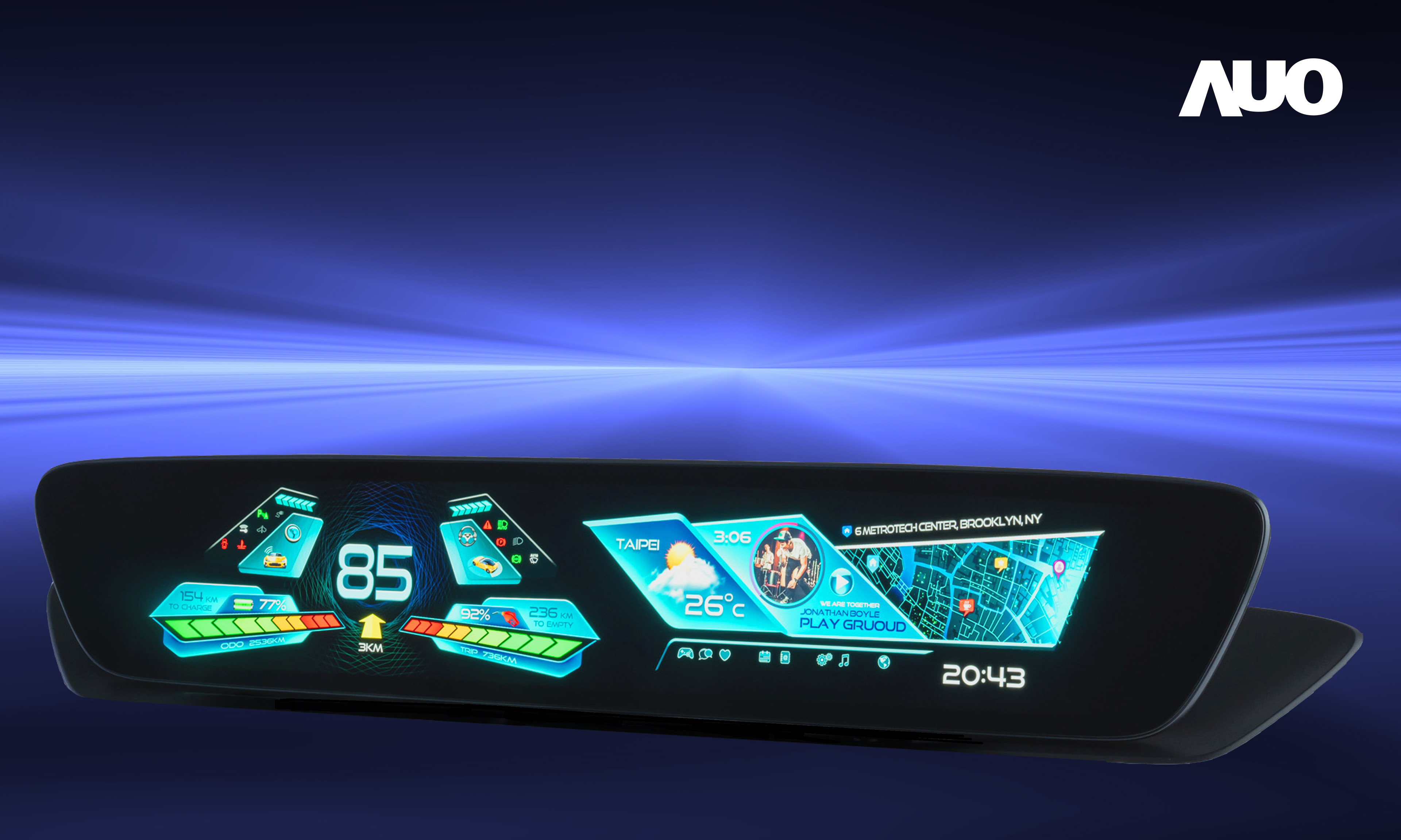 友達30.4吋異形曲面AmLED車載顯示系統，為一兼具儀表板及中控台人機介面的創新車載顯示系統，結合美學設計，提升車內科技沉浸感及使用體驗，讓車載顯示的未來應用更加多元化